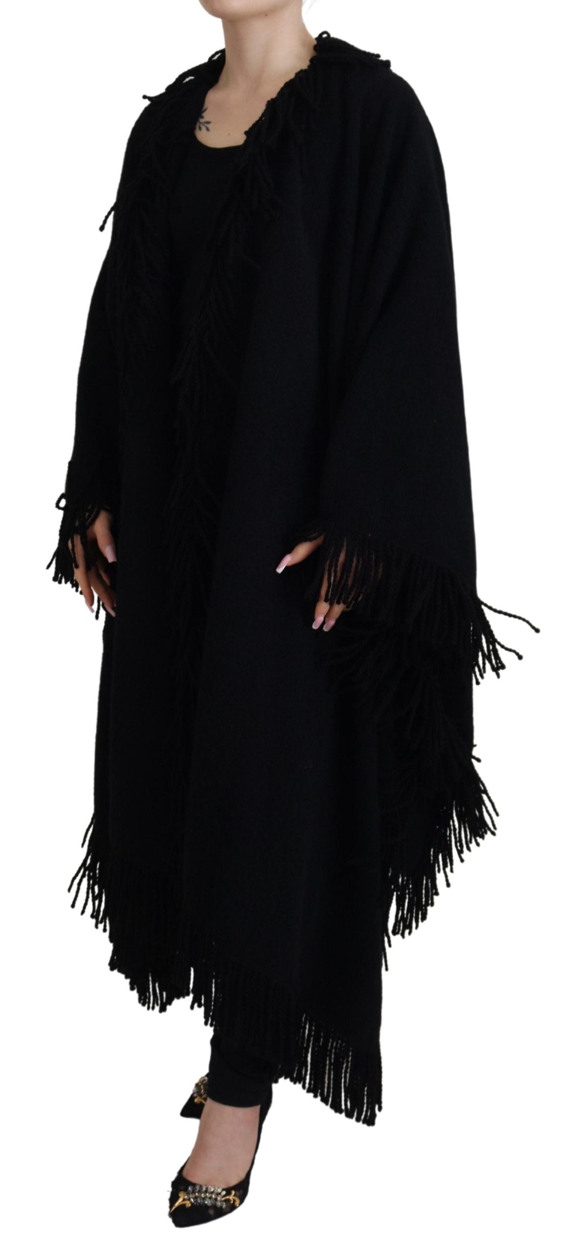 Schwarzer Langarm-Fransenmantel Alpaka-Jacke