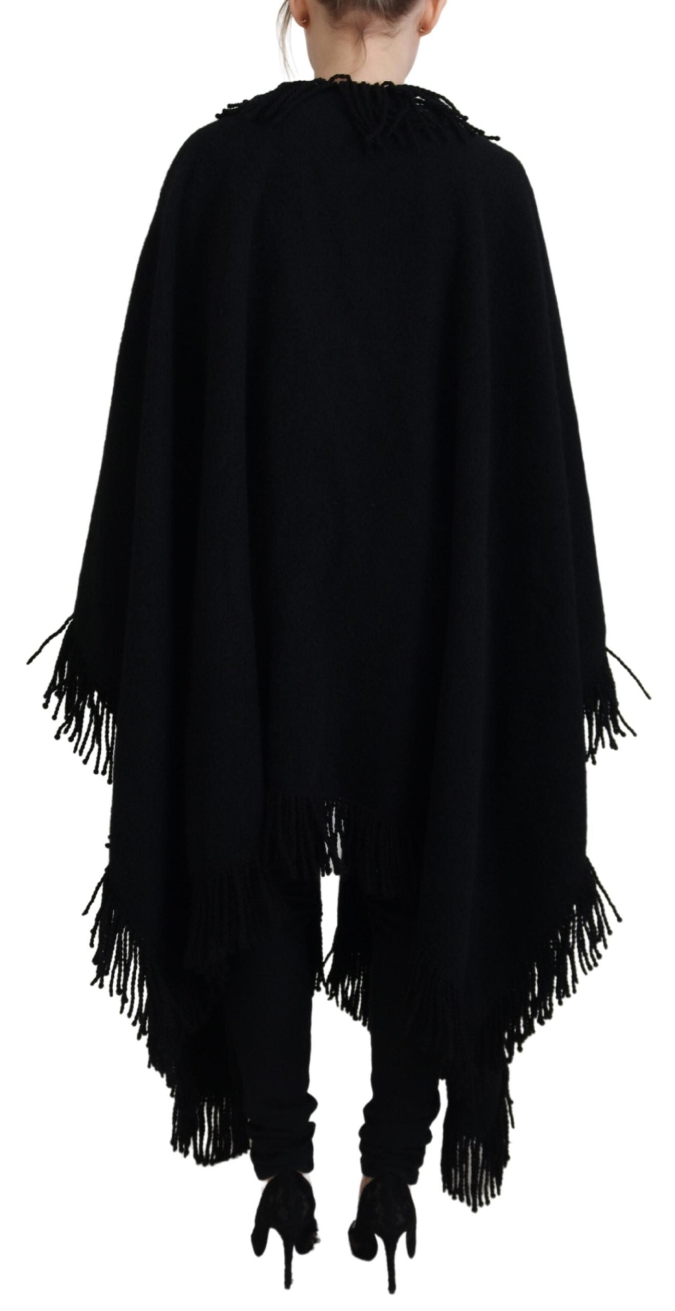 Schwarzer Langarm-Fransenmantel Alpaka-Jacke