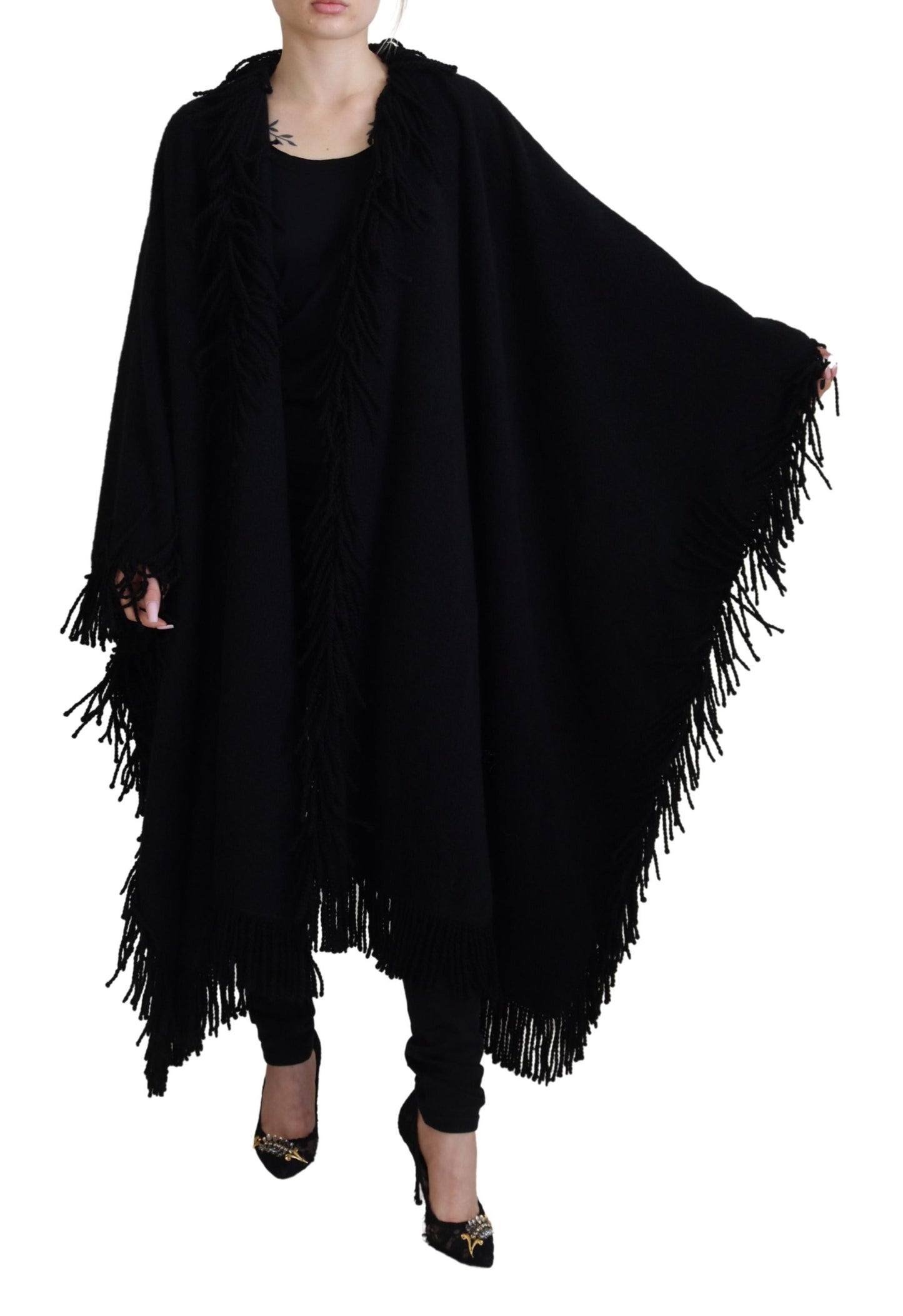 Schwarzer Langarm-Fransenmantel Alpaka-Jacke