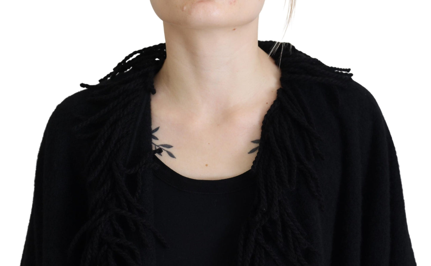 Schwarzer Langarm-Fransenmantel Alpaka-Jacke