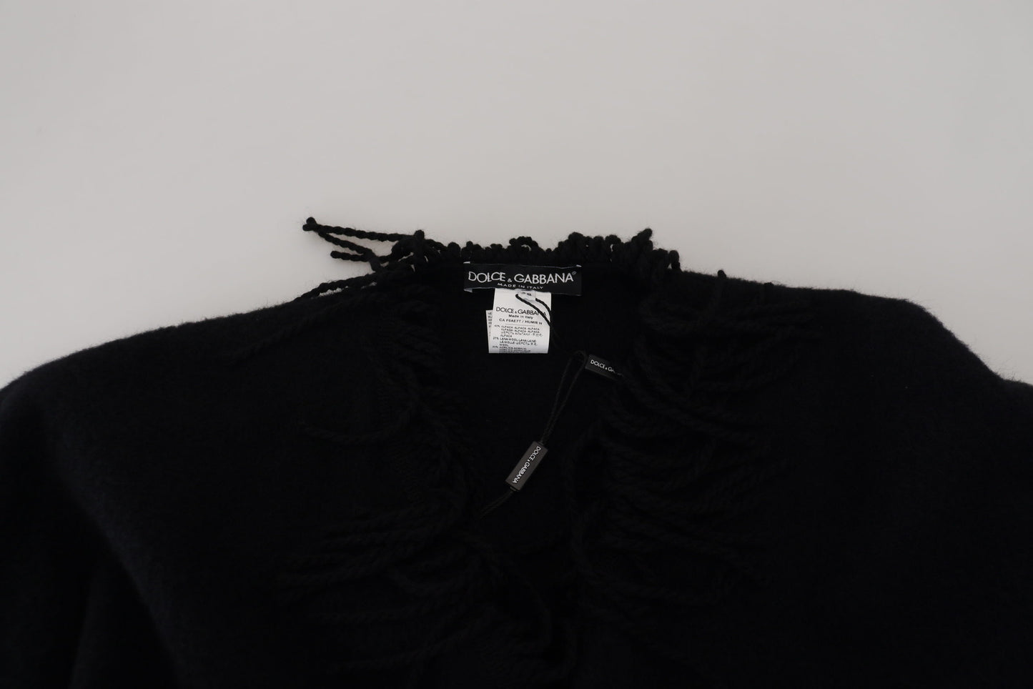 Schwarzer Langarm-Fransenmantel Alpaka-Jacke