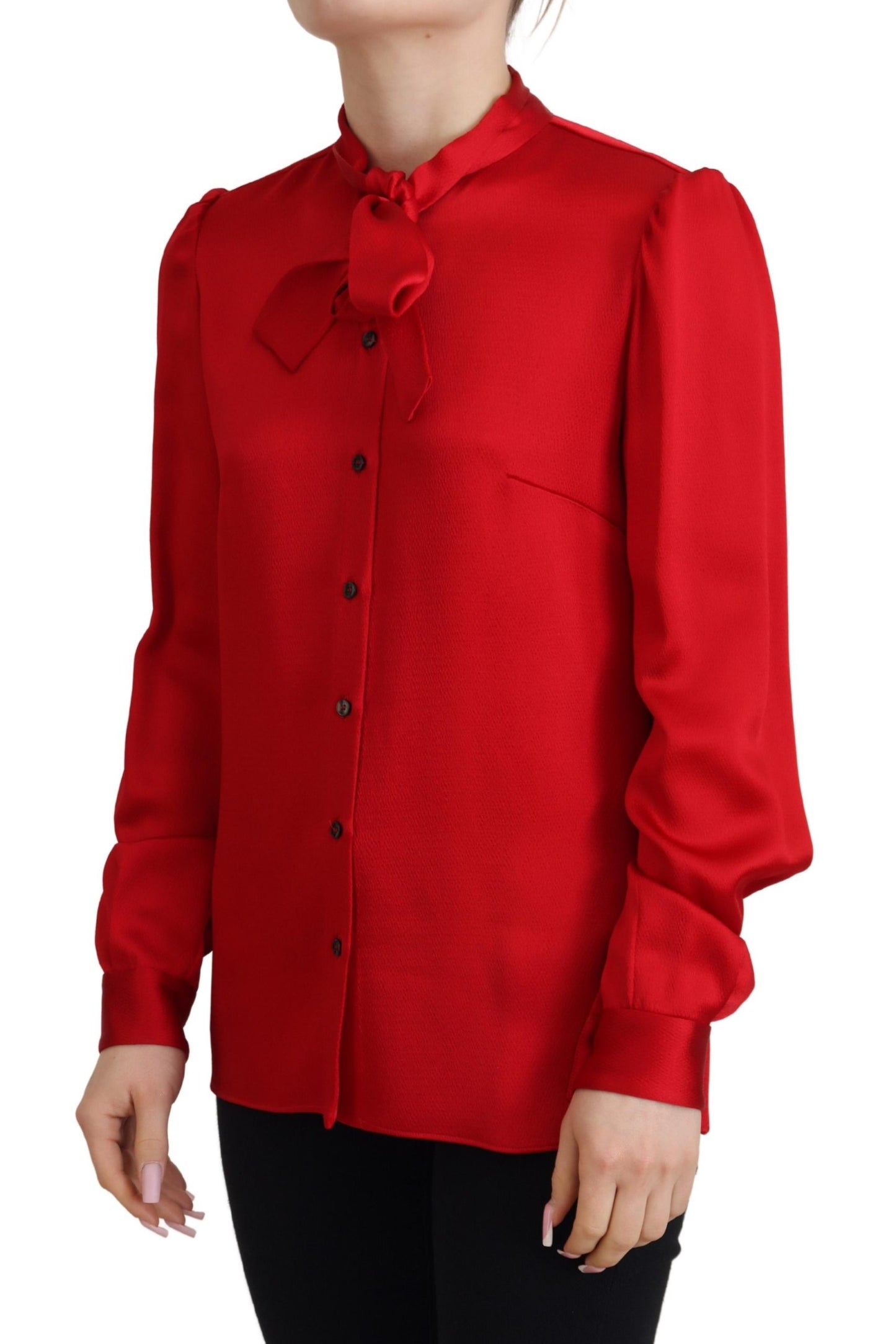 Rotes Blusentop mit Ascot-Kragen und langen Ärmeln