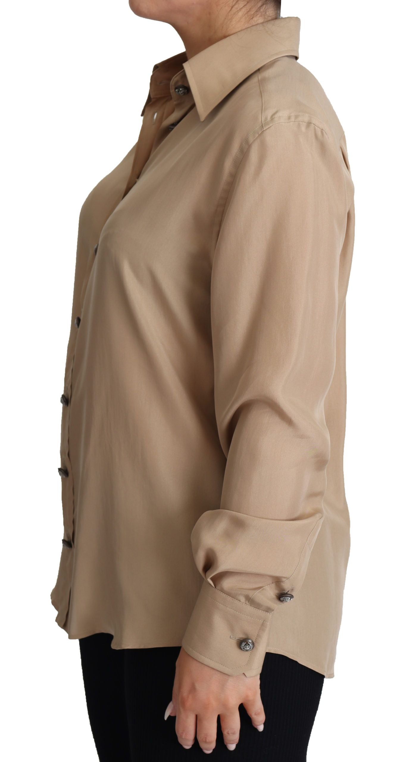 Beige Seidenhemd Dekorative Knöpfe Top