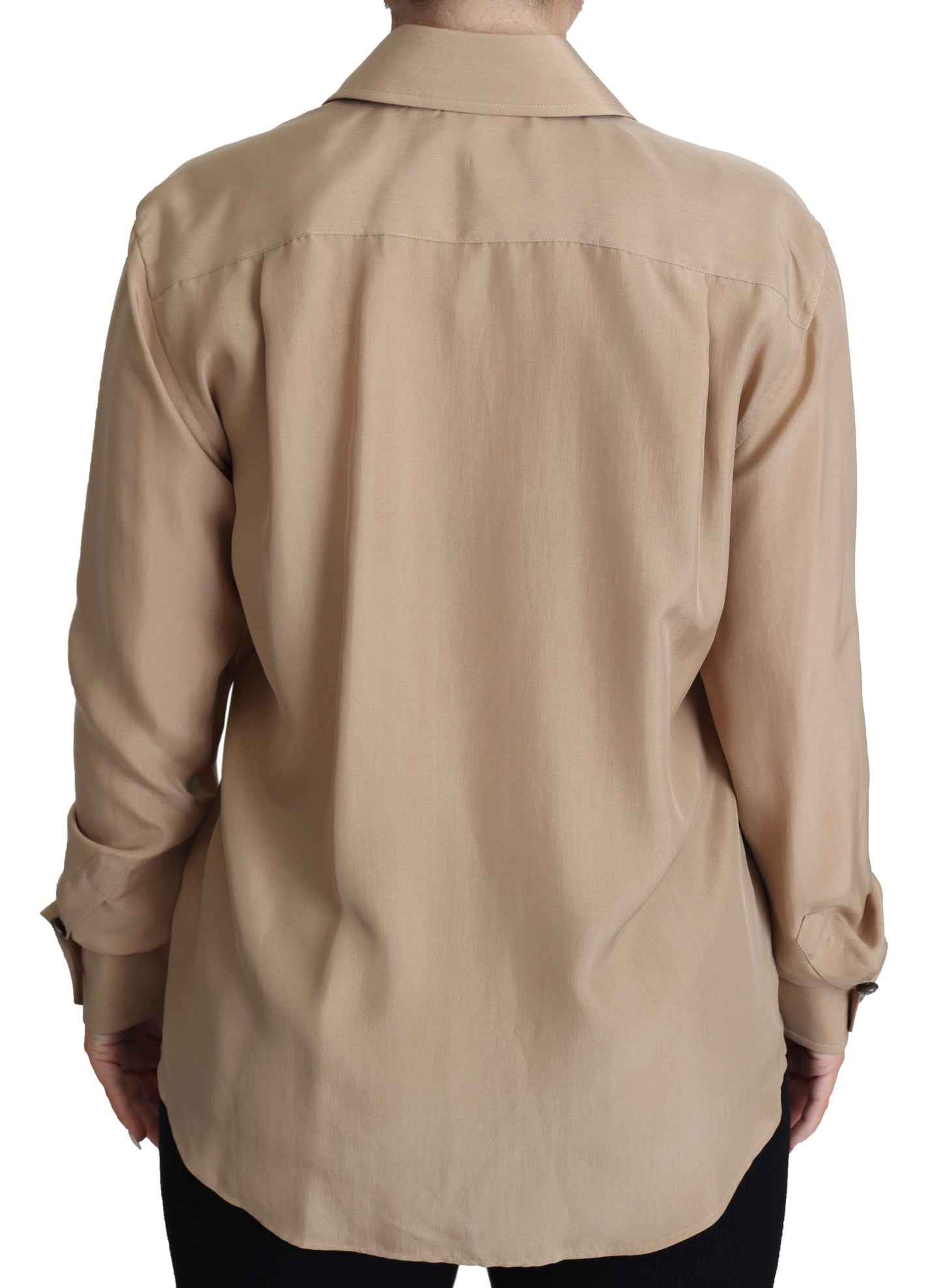 Beige Seidenhemd Dekorative Knöpfe Top