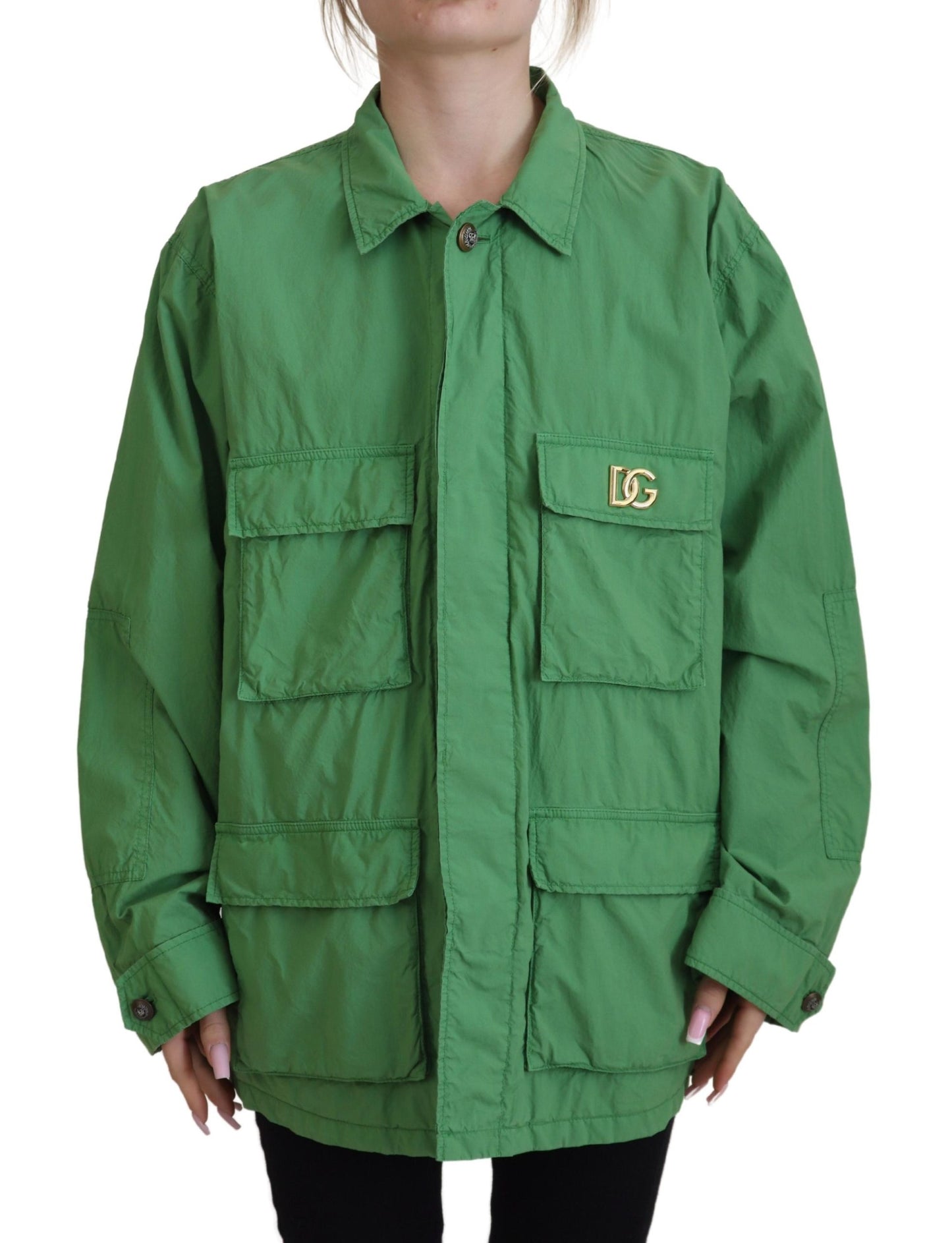Grüne Windbreaker-Baumwolljacke mit Kragen