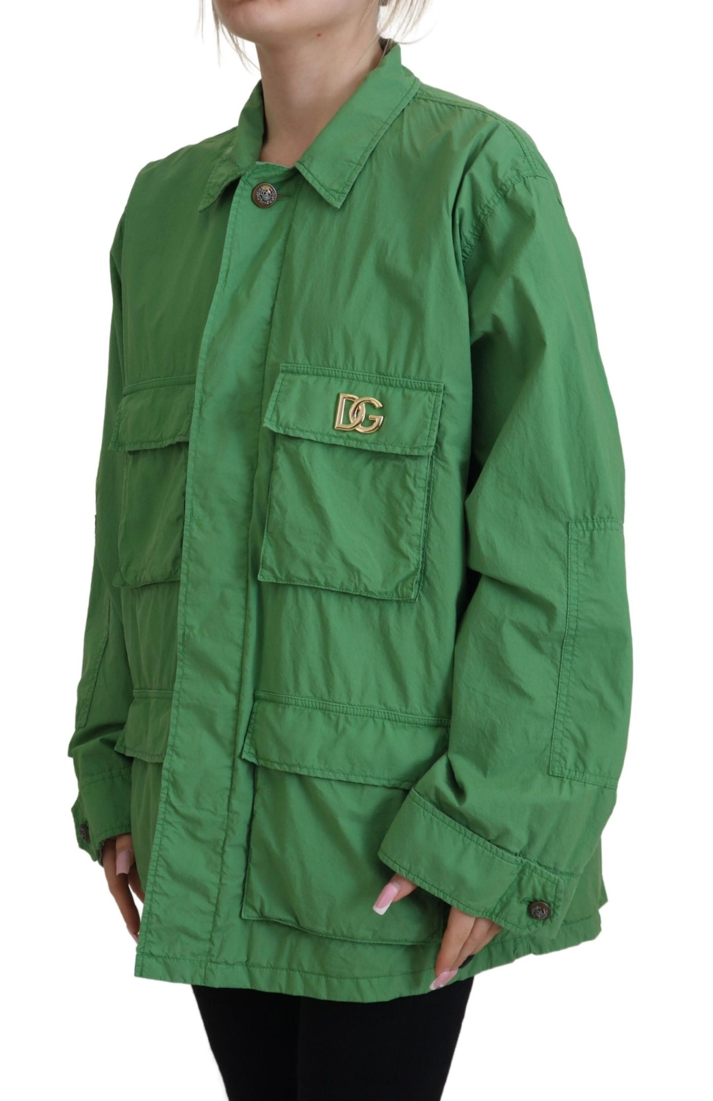 Grüne Windbreaker-Baumwolljacke mit Kragen