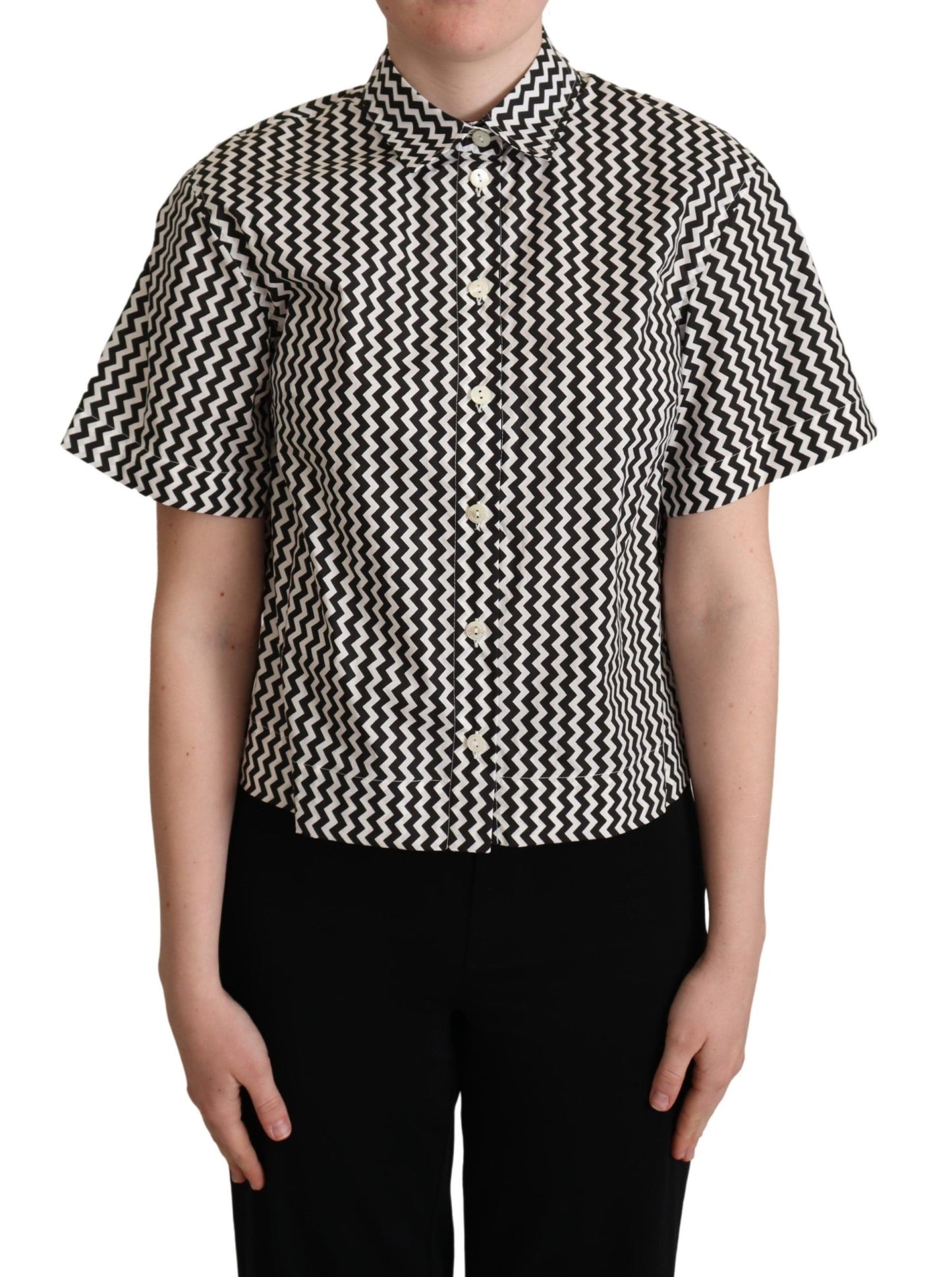 Schwarz Weiß Zickzack Kragen Baumwolle Top Shirt