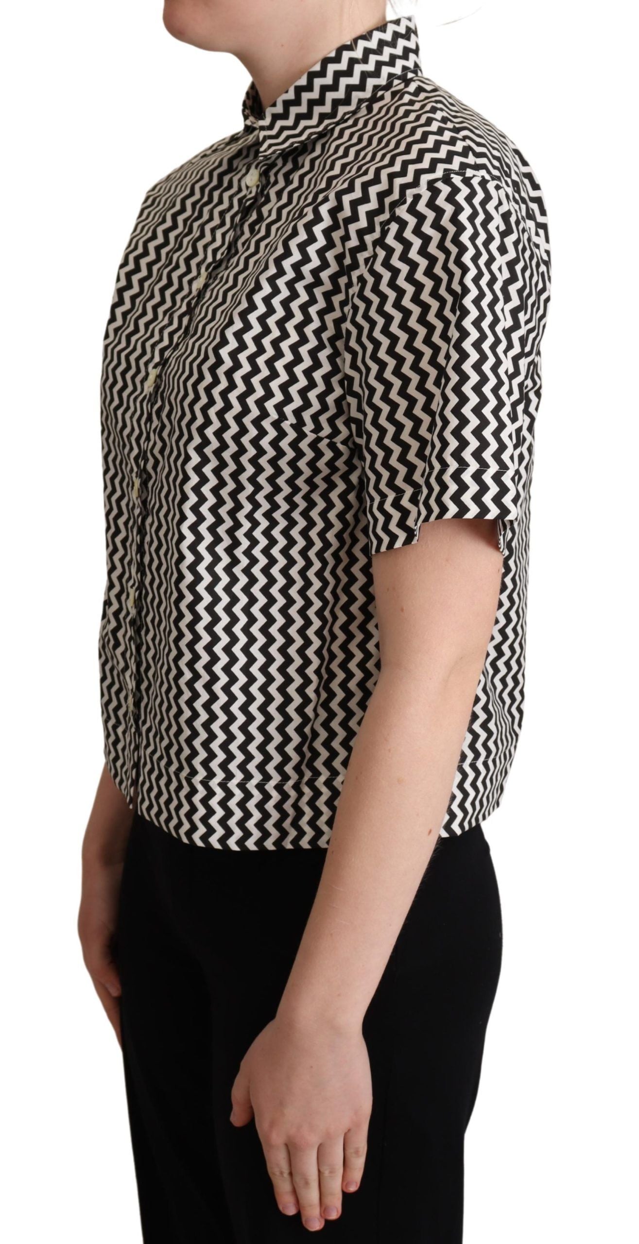 Schwarz Weiß Zickzack Kragen Baumwolle Top Shirt