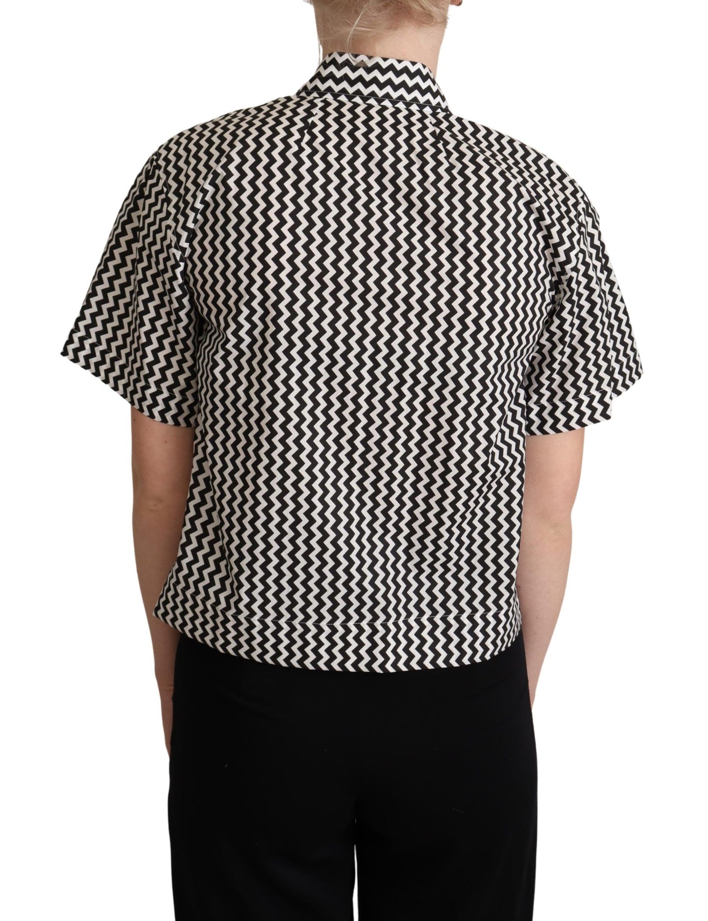 Schwarz Weiß Zickzack Kragen Baumwolle Top Shirt