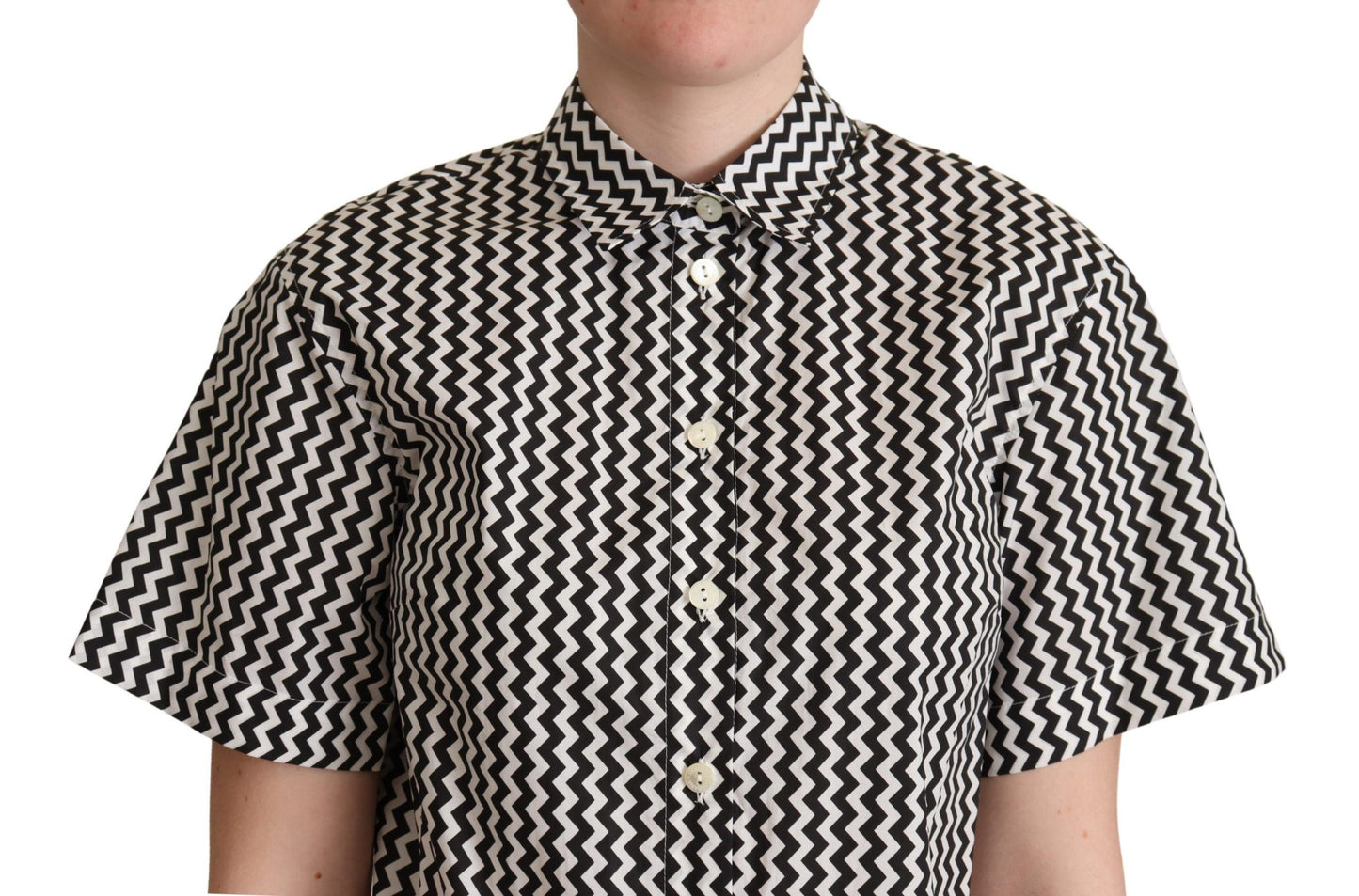Schwarz Weiß Zickzack Kragen Baumwolle Top Shirt