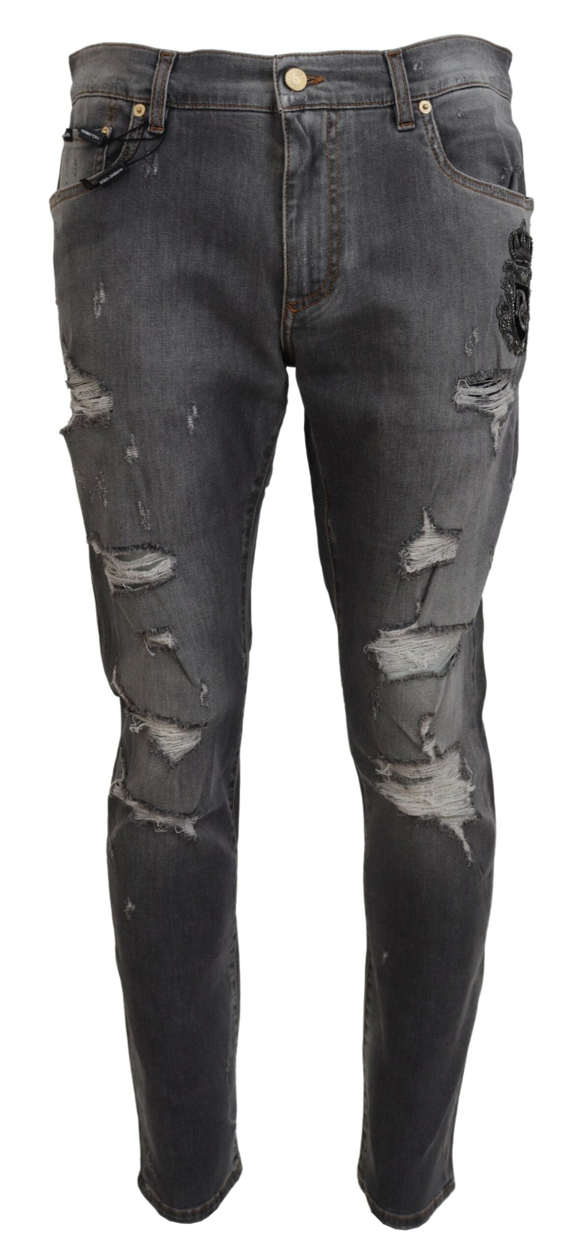 Graue zerfledderte Slim Fit Denim Jeans mit Stickerei
