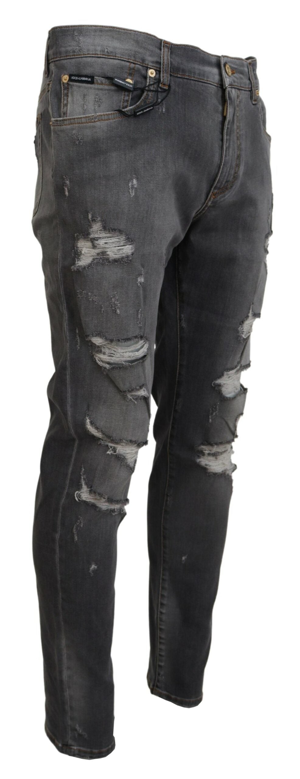 Graue zerfledderte Slim Fit Denim Jeans mit Stickerei