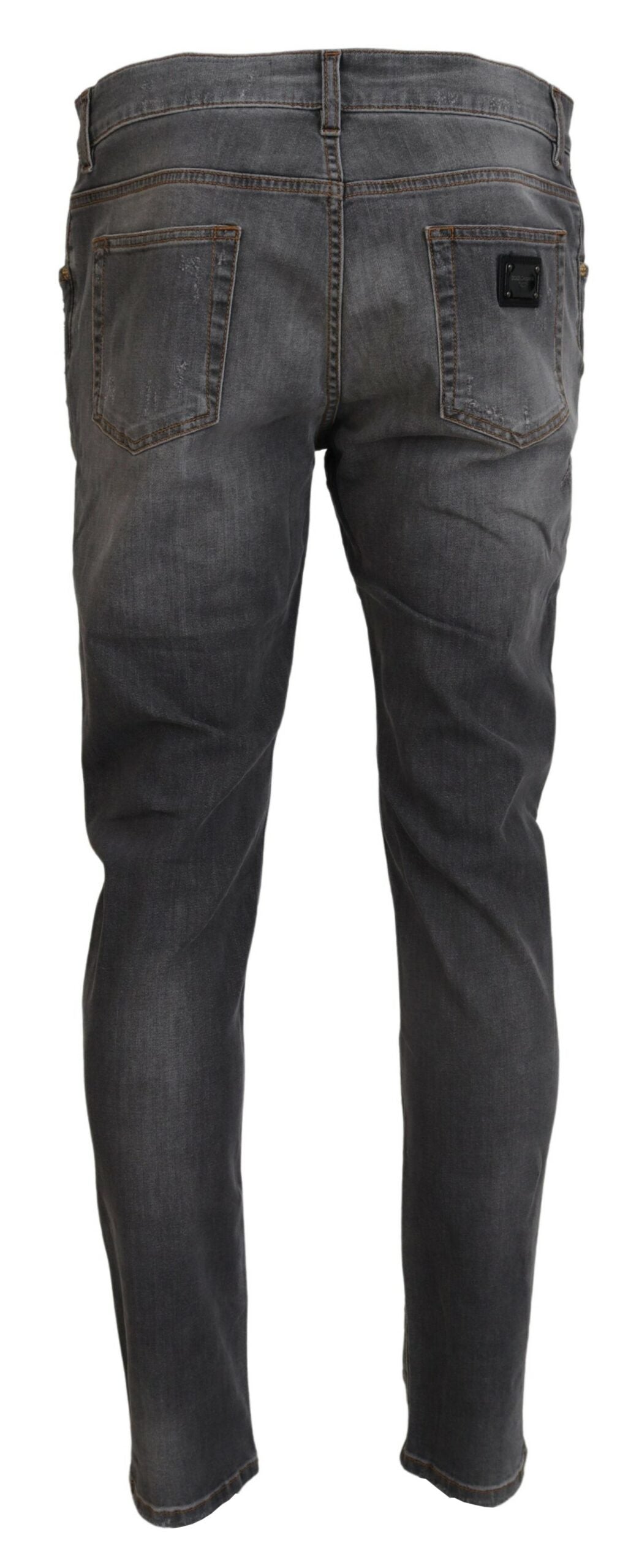 Graue zerfledderte Slim Fit Denim Jeans mit Stickerei
