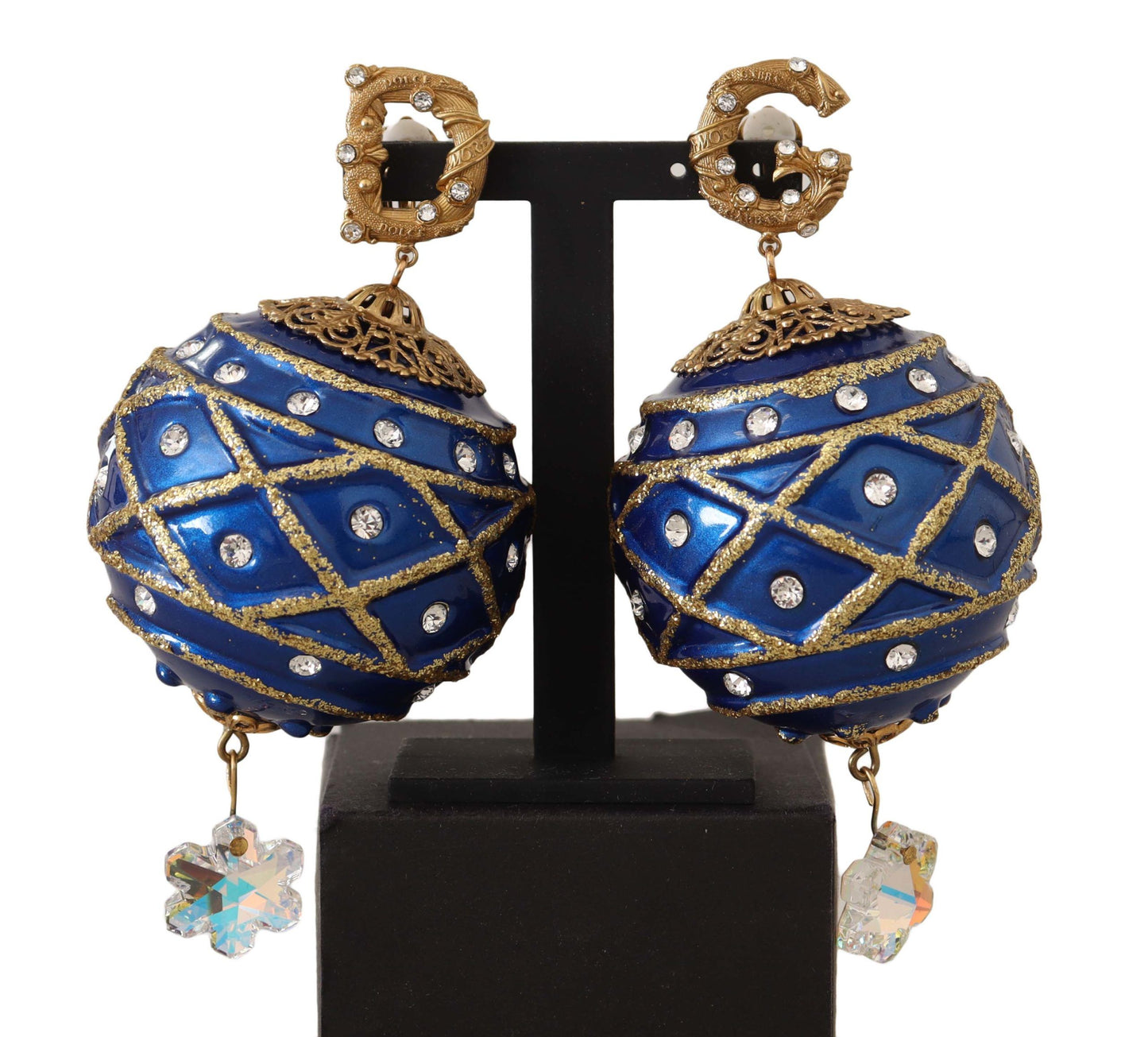 Gold Messing Blau Weihnachten Kugel Kristall Clip auf Ohrringe