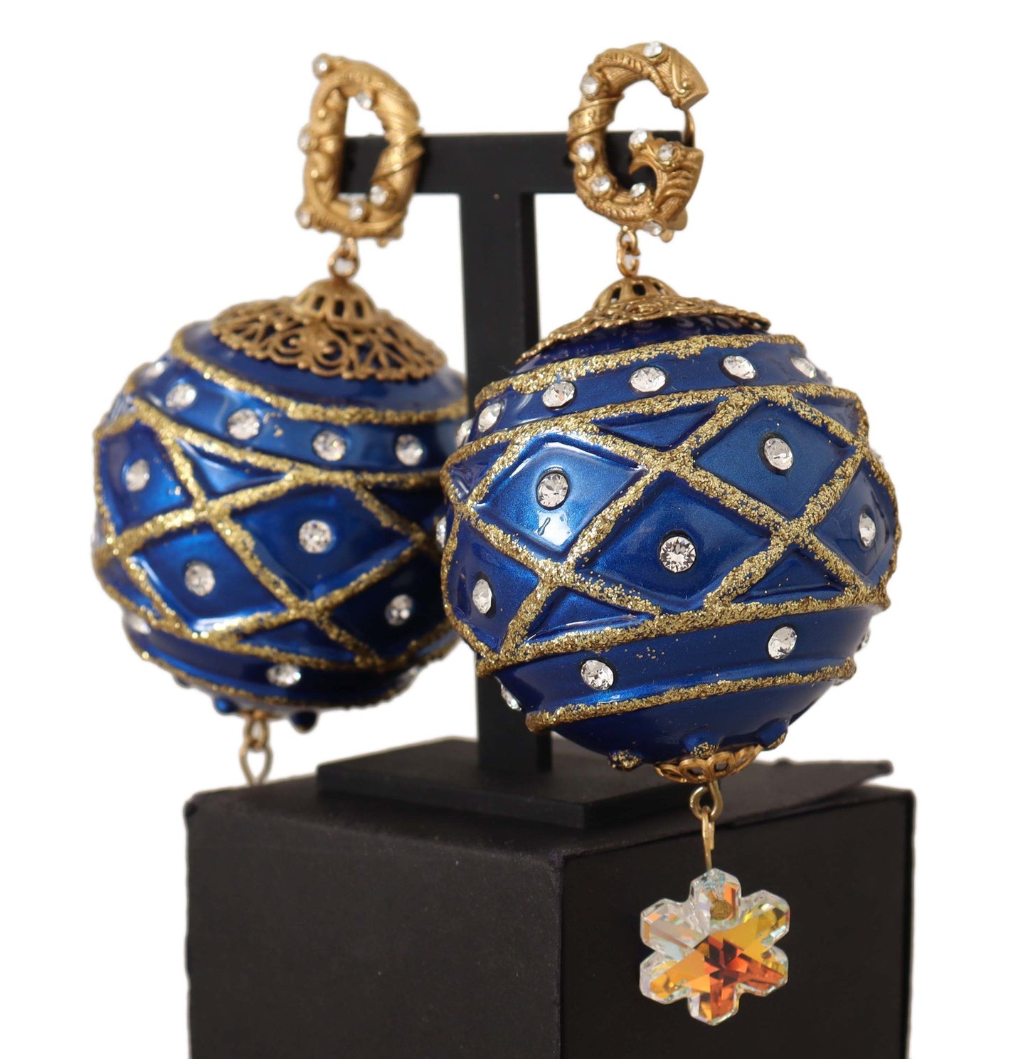 Gold Messing Blau Weihnachten Kugel Kristall Clip auf Ohrringe