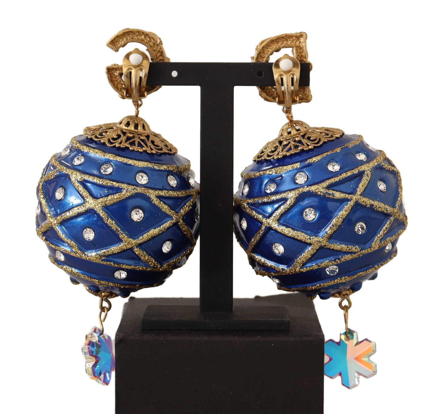 Gold Messing Blau Weihnachten Kugel Kristall Clip auf Ohrringe