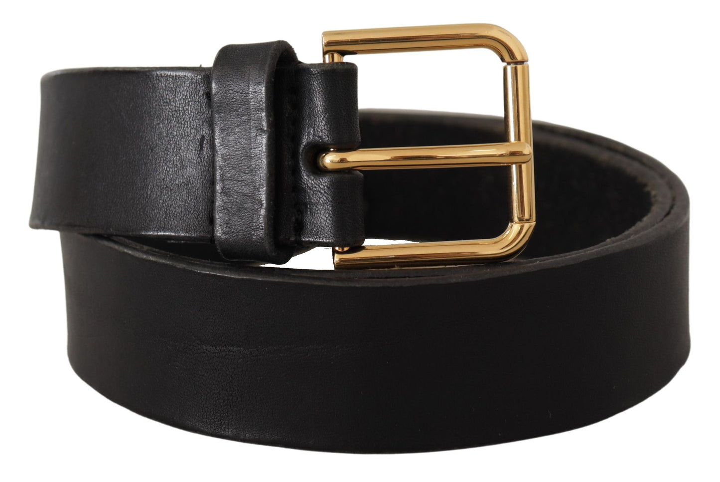 Schwarzer Leder Gürtel mit goldfarbenem Logo und Metallschnalle