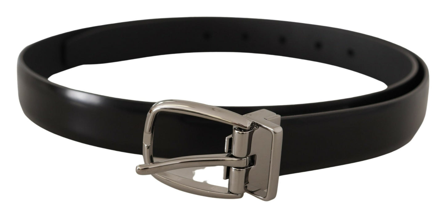 Schwarzes Kalbsleder Chrom Metall Logo Schnalle Gürtel