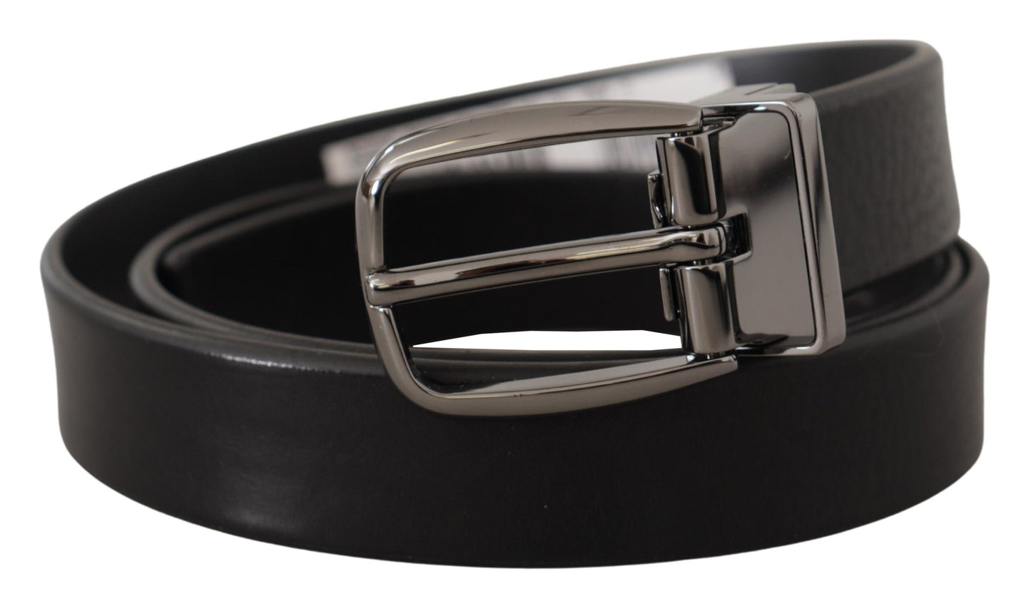 Schwarzes Kalbsleder Chrom Metall Logo Schnalle Gürtel