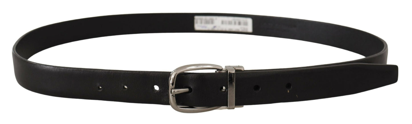 Schwarzer Leder Chrom Logo Metallschnalle Gürtel
