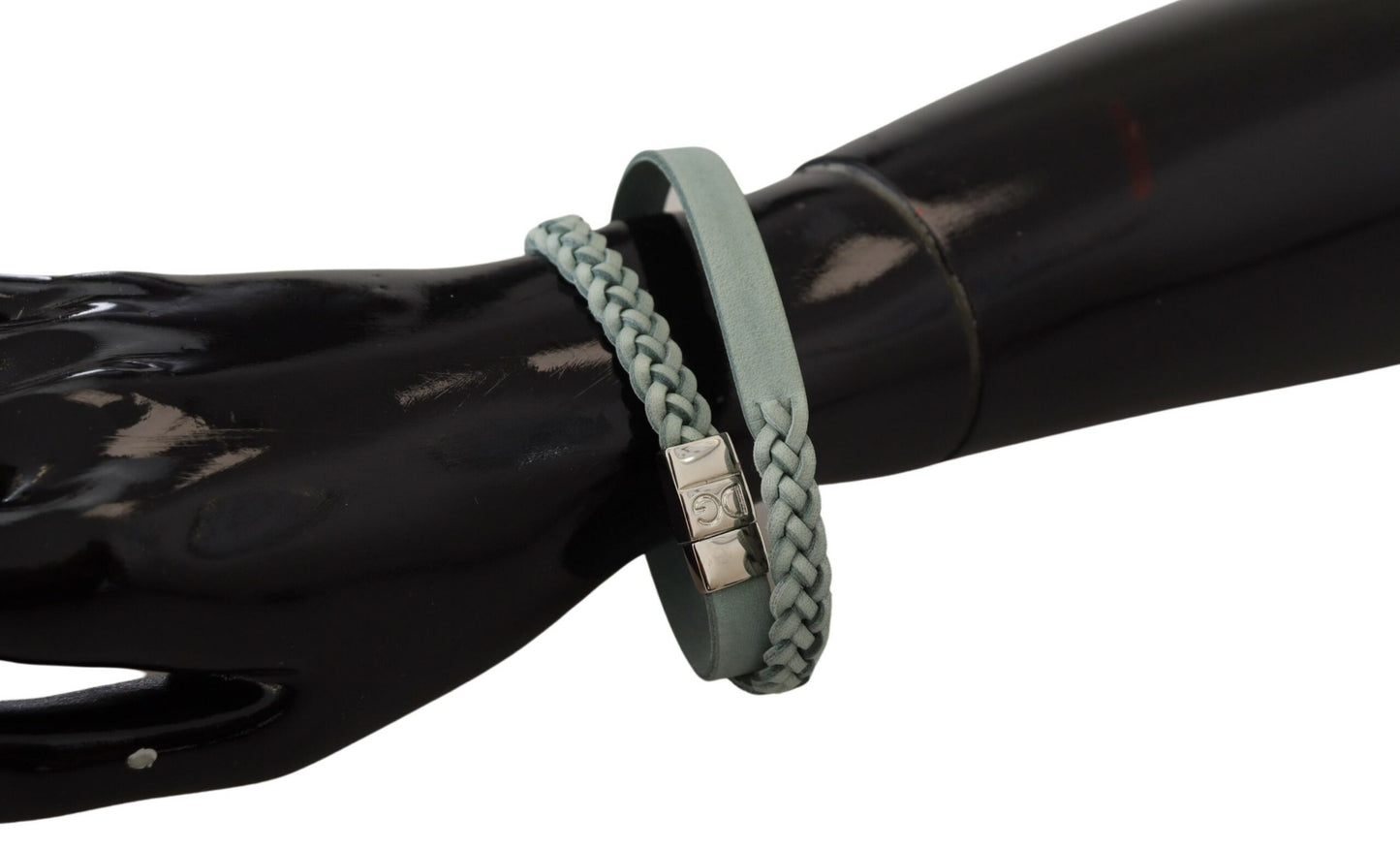 Hellblaues geflochtenes Wickelarmband aus Leder und Messing