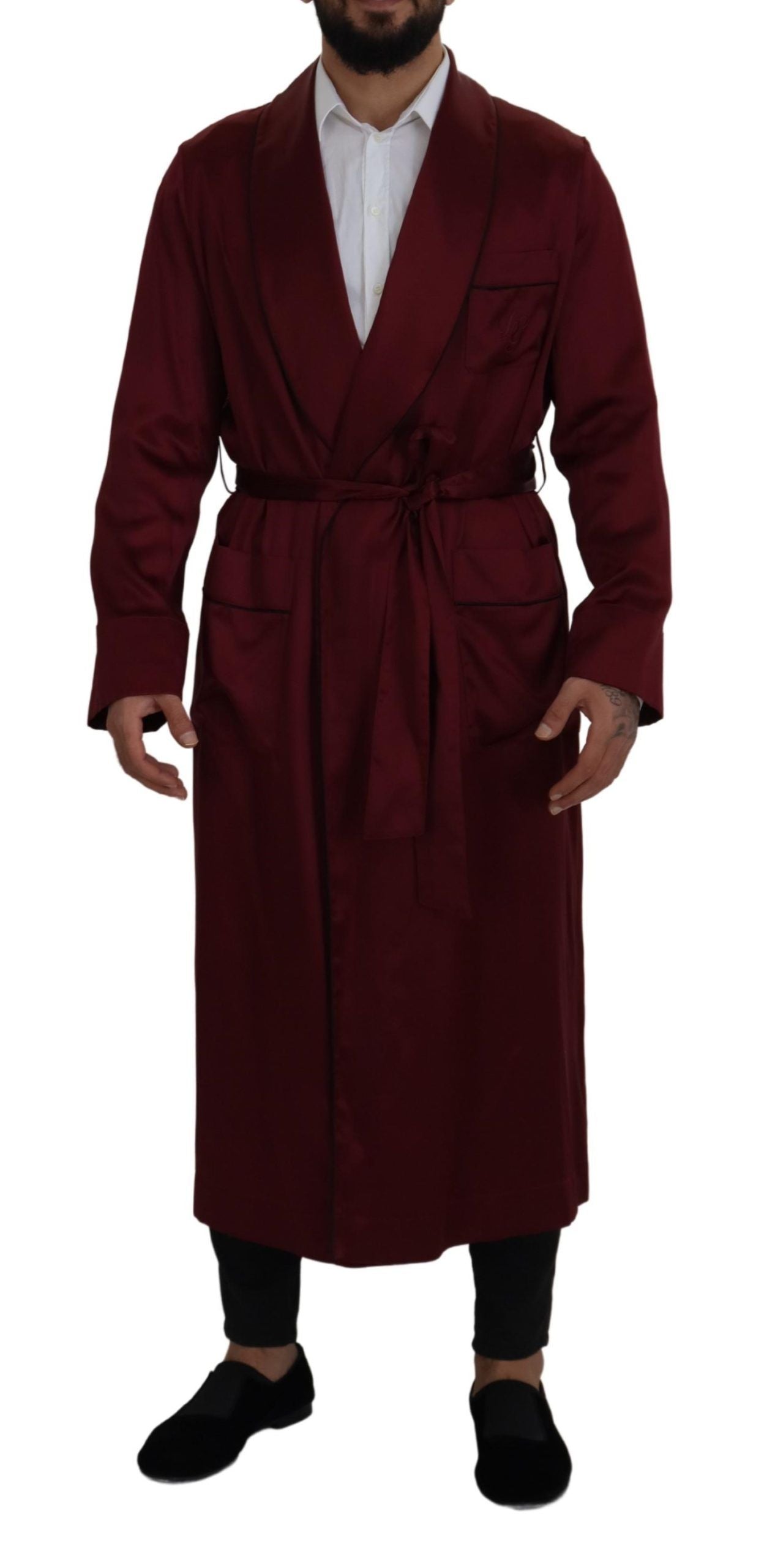 Bordeauxfarbener Seidenmantel Herren Wickeljacke