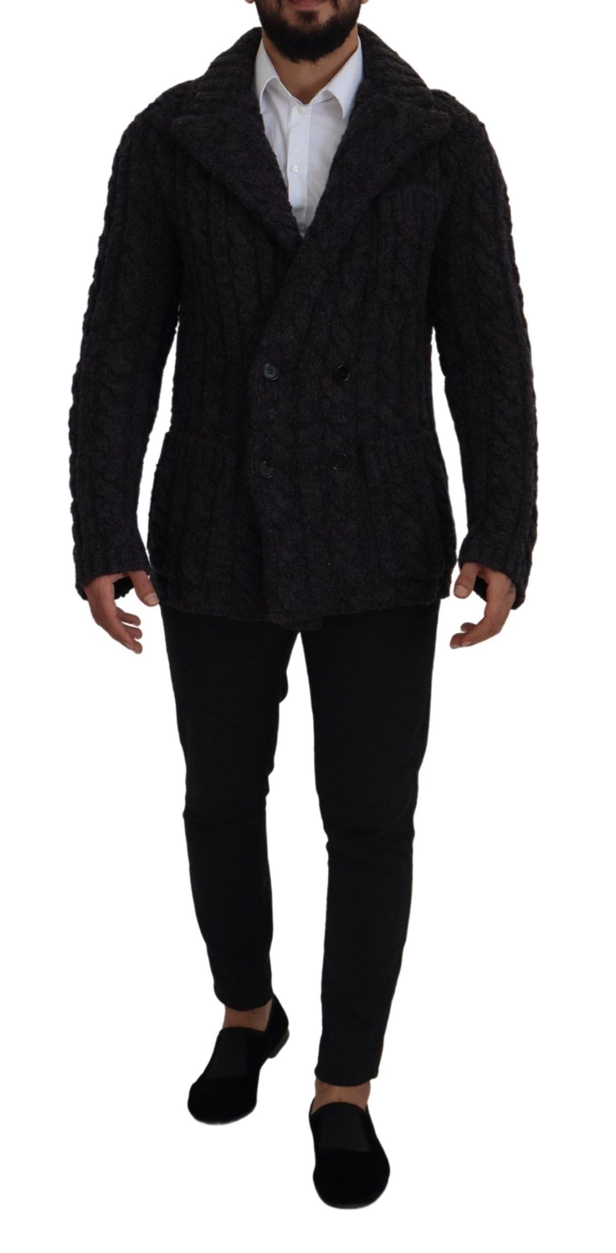 Schwarzer Wollstrickmantel Jacke mit zwei Brüsten