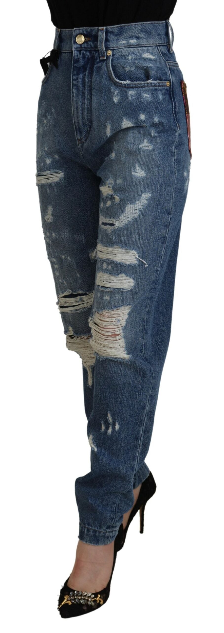 Blaue zerfledderte Skinny Denim-Jeans aus Baumwolle