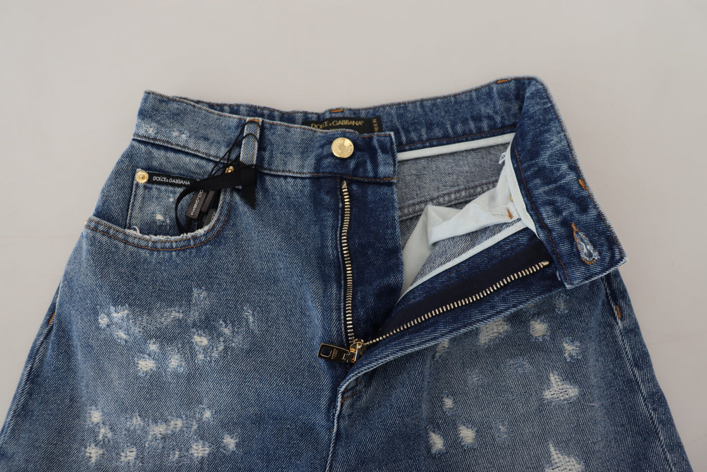 Blaue zerfledderte Skinny Denim-Jeans aus Baumwolle
