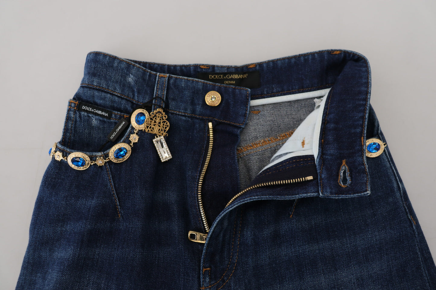 Blaue verschönerte Straight Denim Baumwolljeans