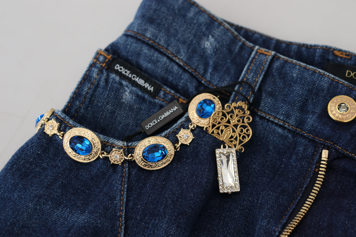 Blaue verschönerte Straight Denim Baumwolljeans