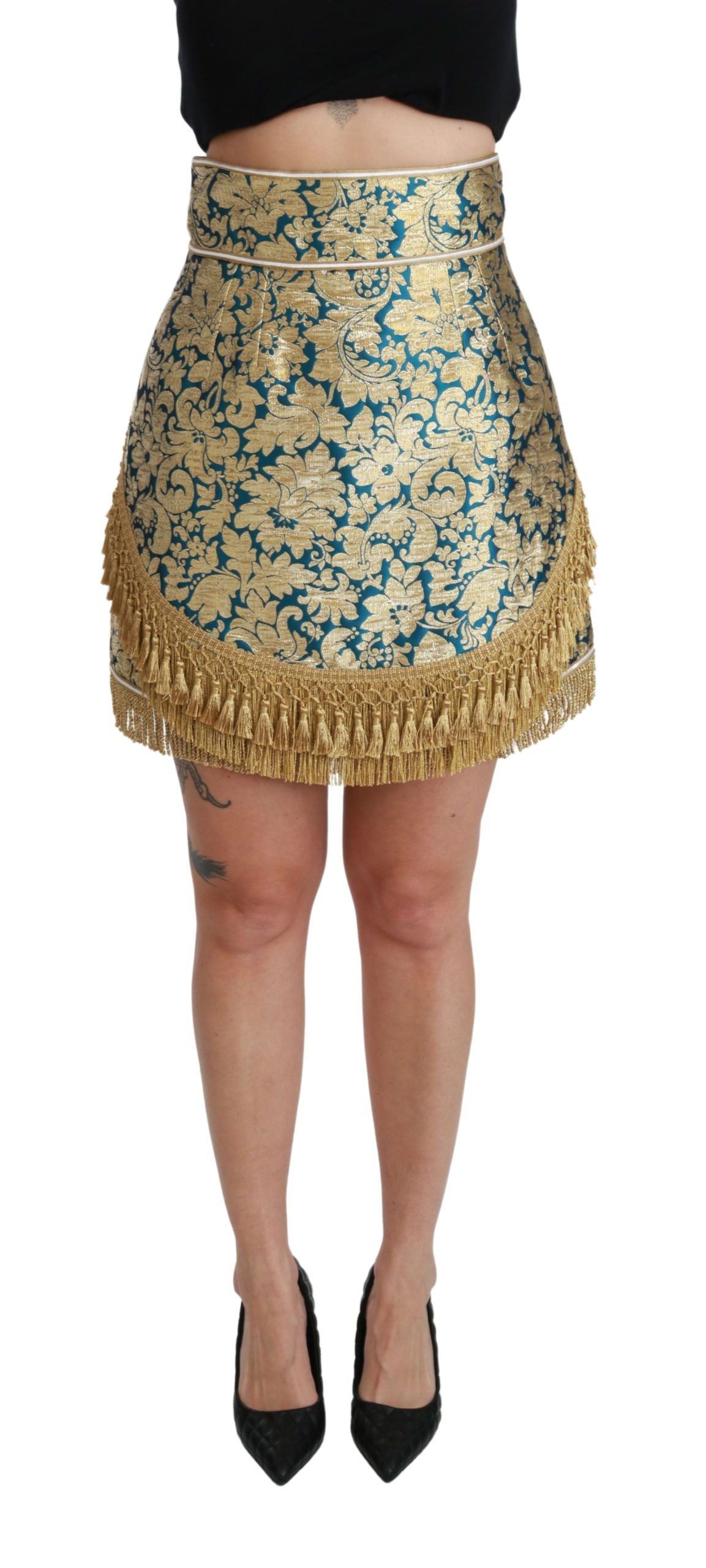 Blauer Rock mit hoher Taille aus Jacquard und goldener Quaste