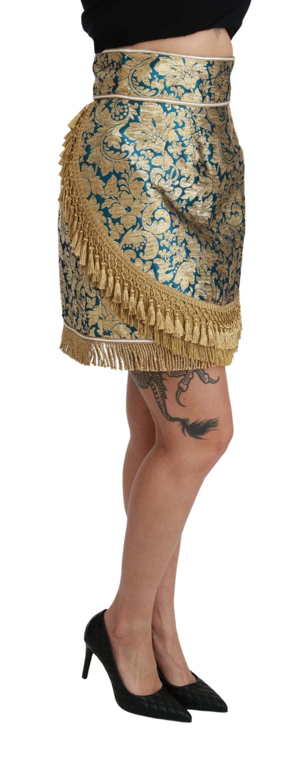 Blauer Rock mit hoher Taille aus Jacquard und goldener Quaste