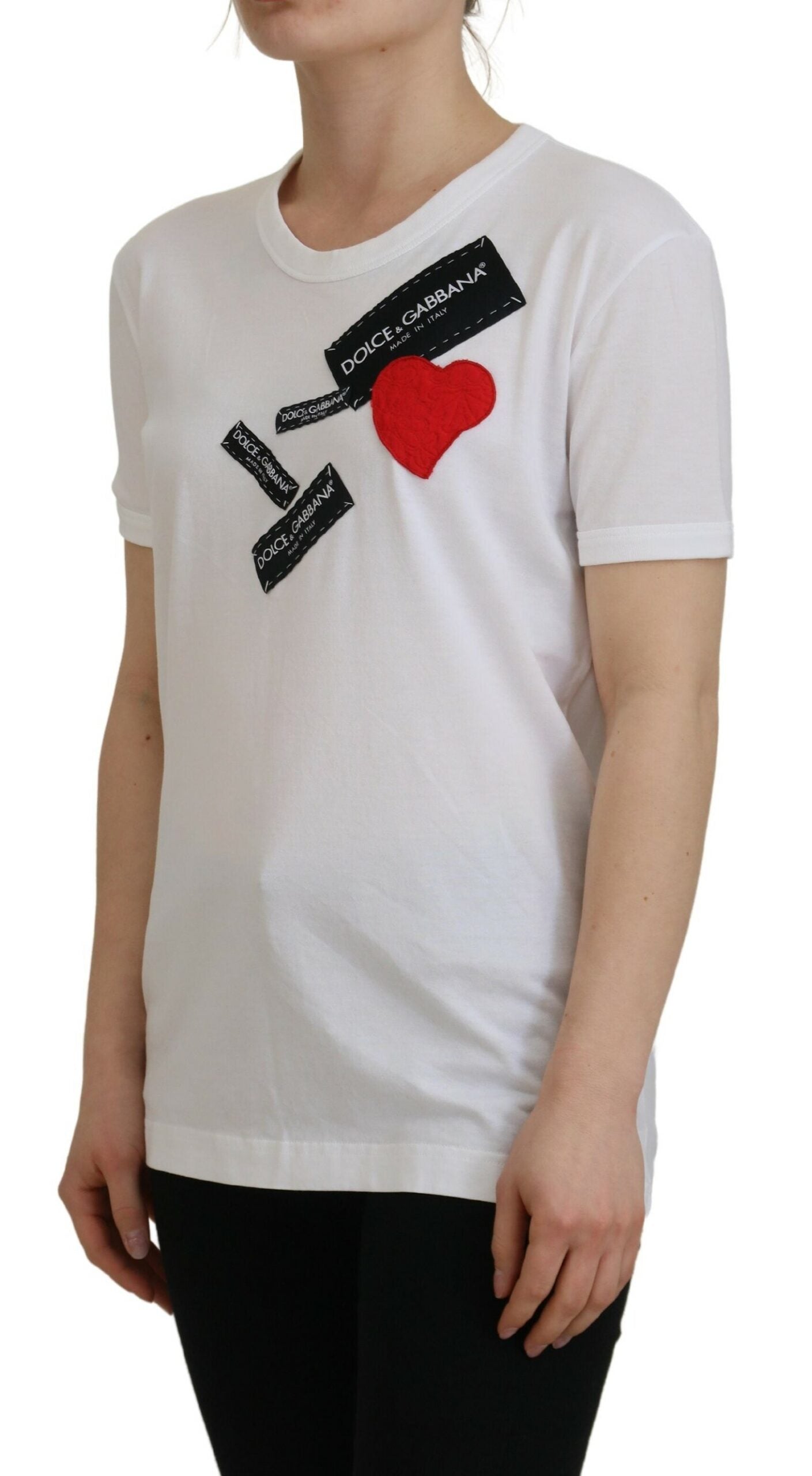Weißes Baumwoll-DG-Patchwork-T-Shirt mit kurzen Ärmeln