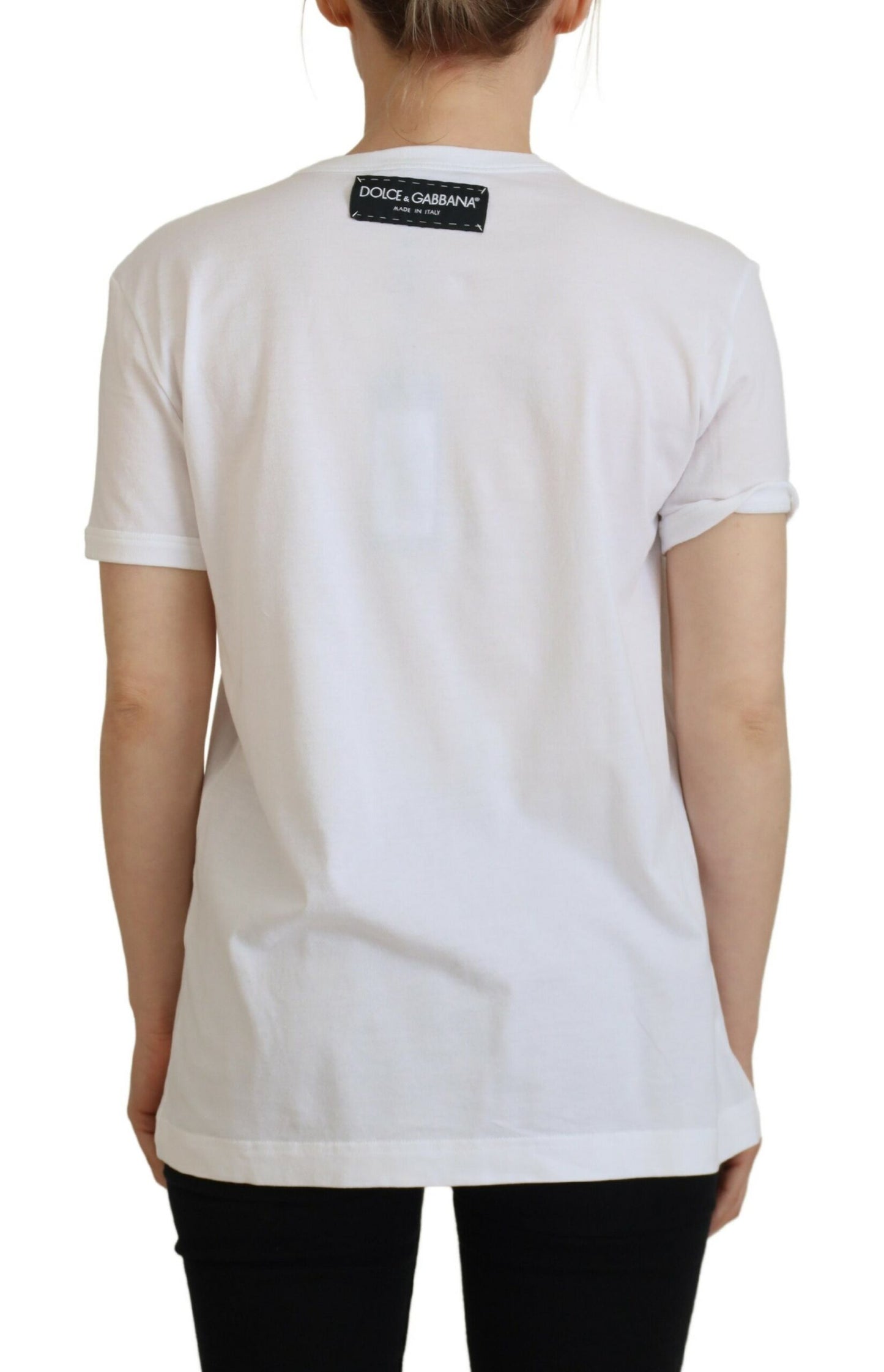 Weißes Baumwoll-DG-Patchwork-T-Shirt mit kurzen Ärmeln