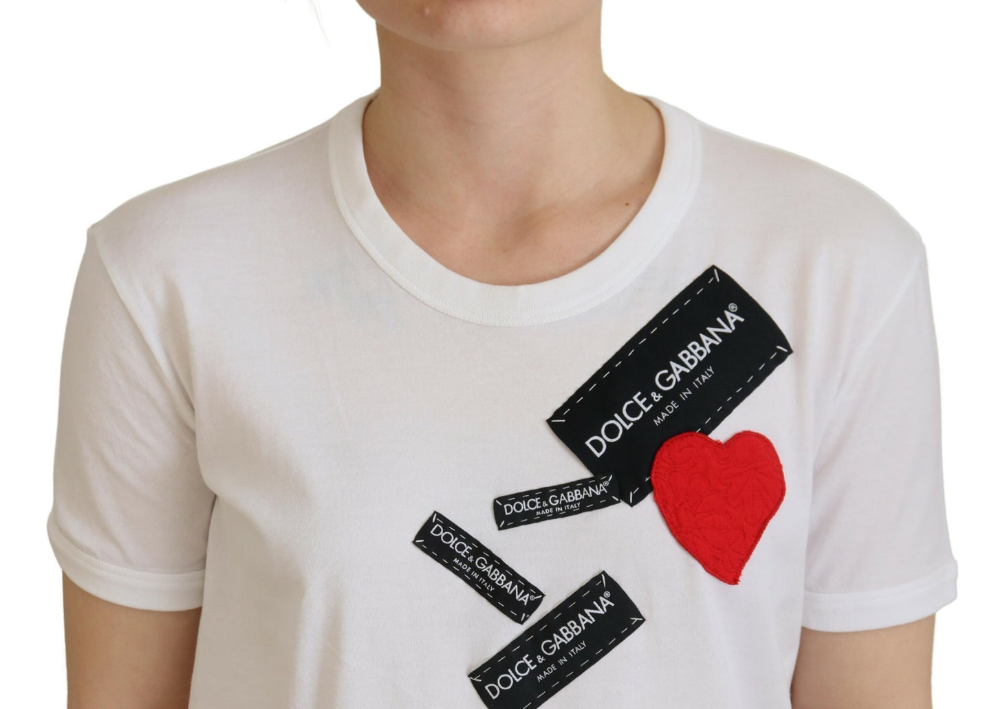 Weißes Baumwoll-DG-Patchwork-T-Shirt mit kurzen Ärmeln