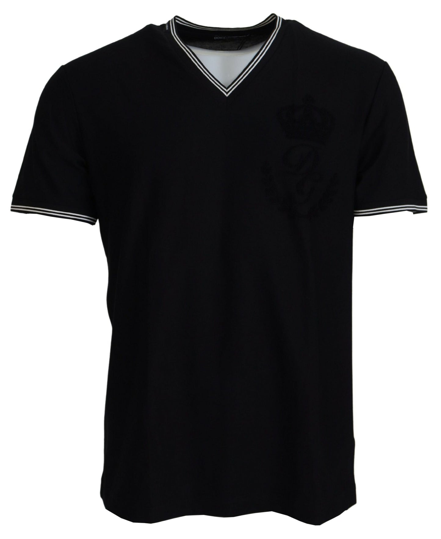 Schwarzes Baumwoll-T-Shirt mit V-Ausschnitt und kurzen Ärmeln