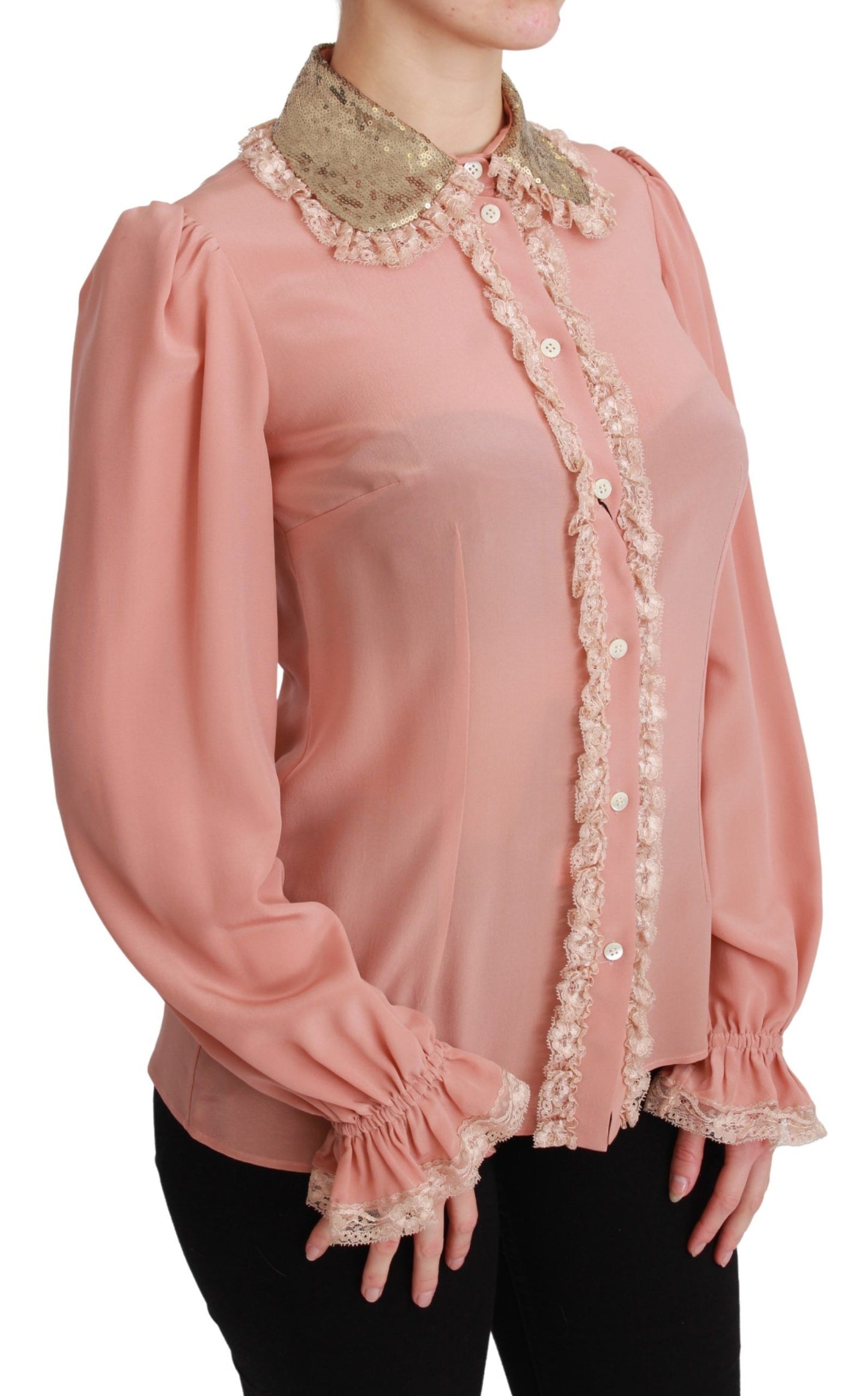 Rosa Seide Gold Pailletten Spitze Bluse Shirt