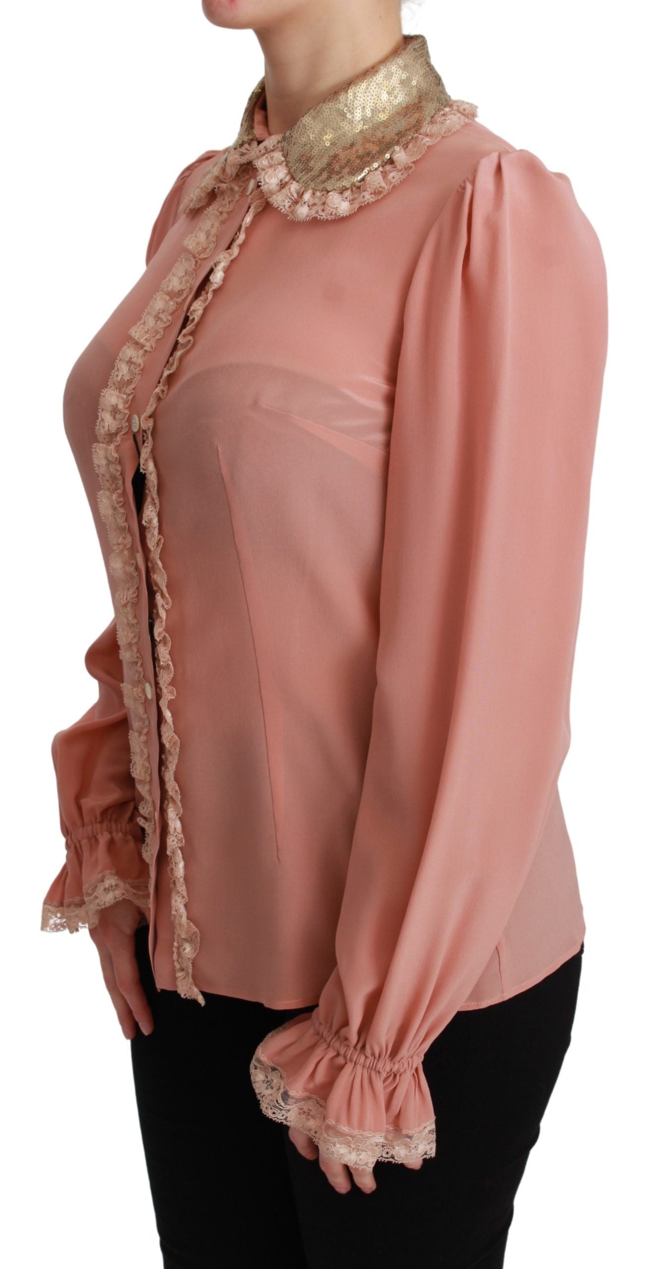 Rosa Seide Gold Pailletten Spitze Bluse Shirt