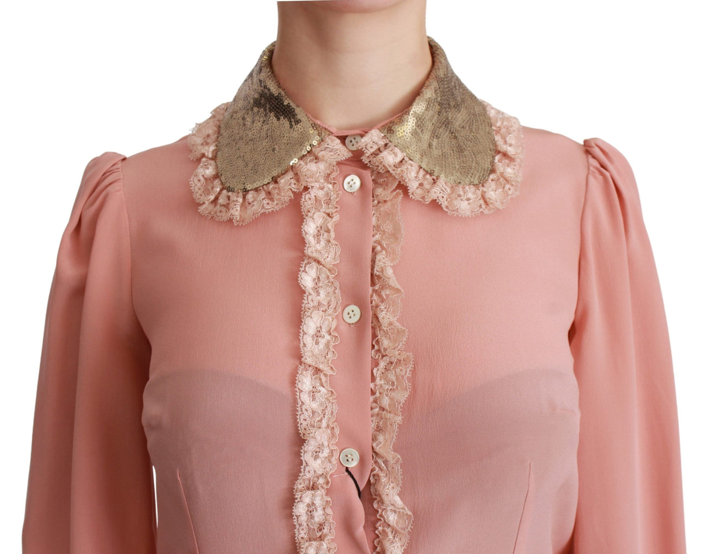 Rosa Seide Gold Pailletten Spitze Bluse Shirt