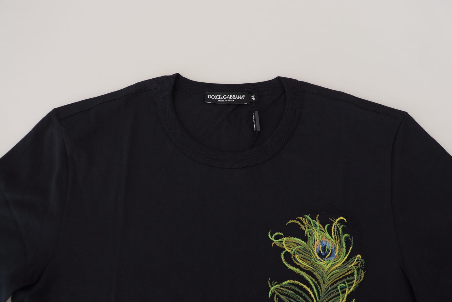 Dunkelblaues T-Shirt mit kurzen Ärmeln aus Baumwolle mit Federn