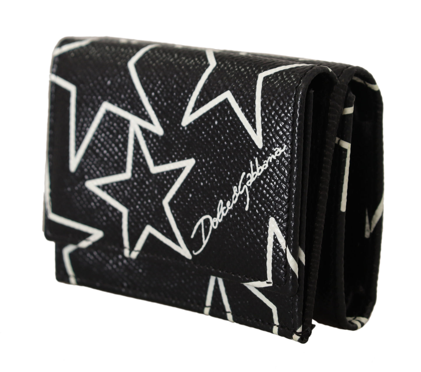 Schwarzer Sternendruck Leder Trifold French Flap Wallet