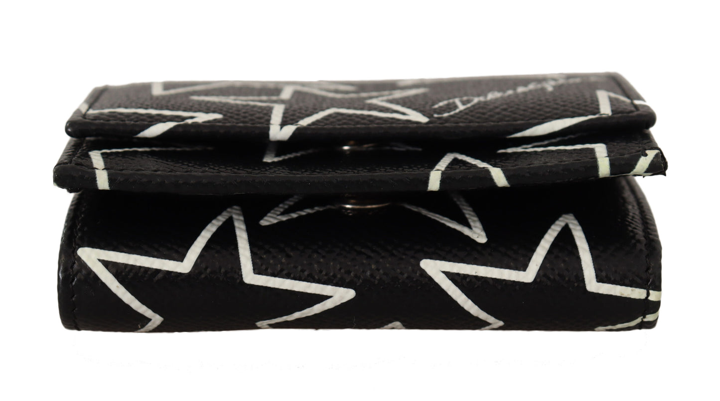 Schwarzer Sternendruck Leder Trifold French Flap Wallet