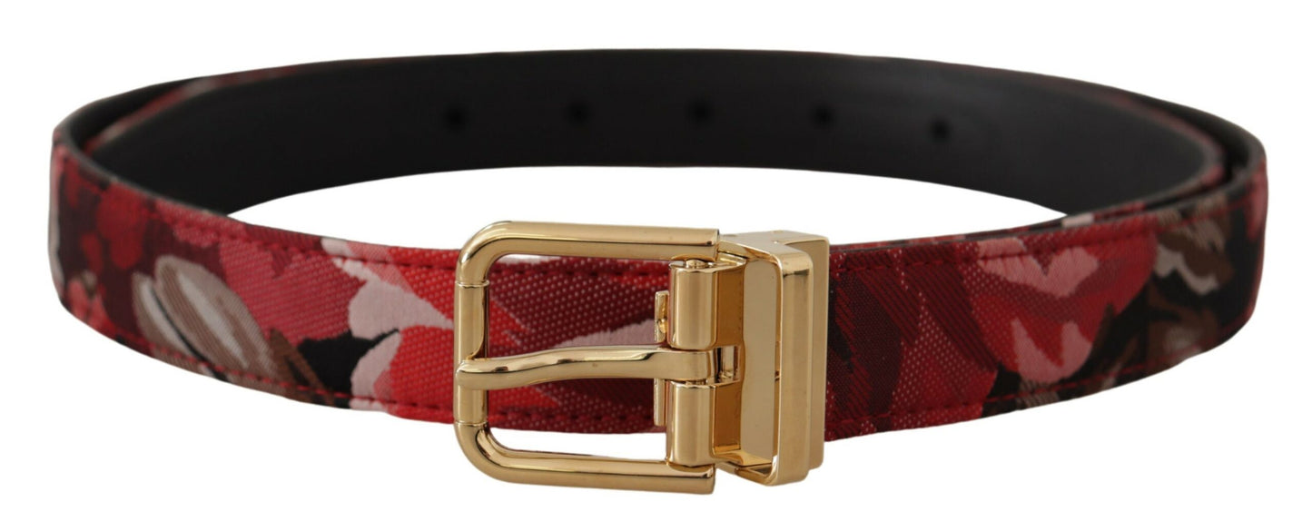 Roter Jacquard-Rosenledergürtel mit goldener Metallschnalle