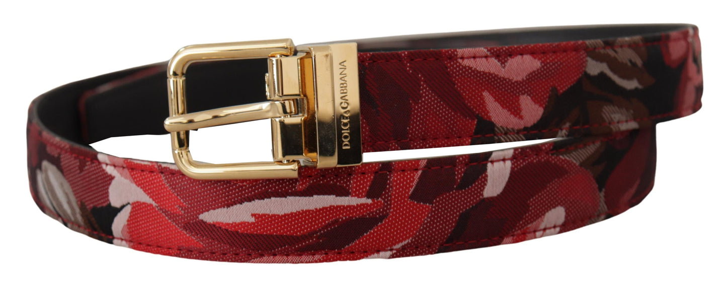 Roter Jacquard-Rosenledergürtel mit goldener Metallschnalle