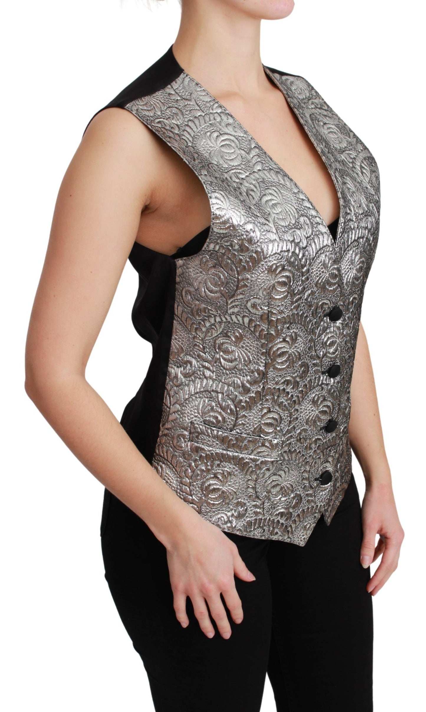 Ärmelloses Metallic-Top mit silbernem Brokat