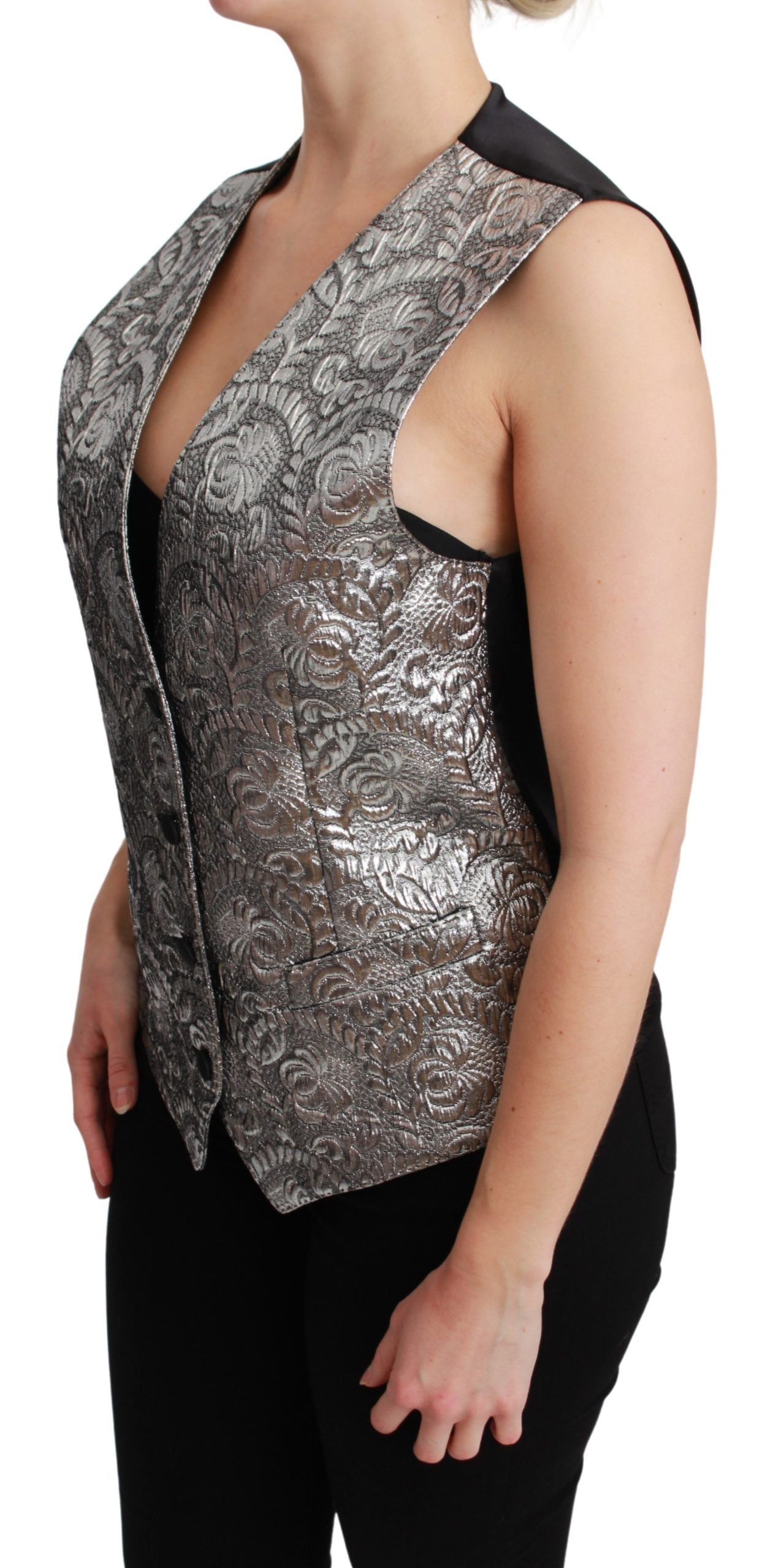 Ärmelloses Metallic-Top mit silbernem Brokat
