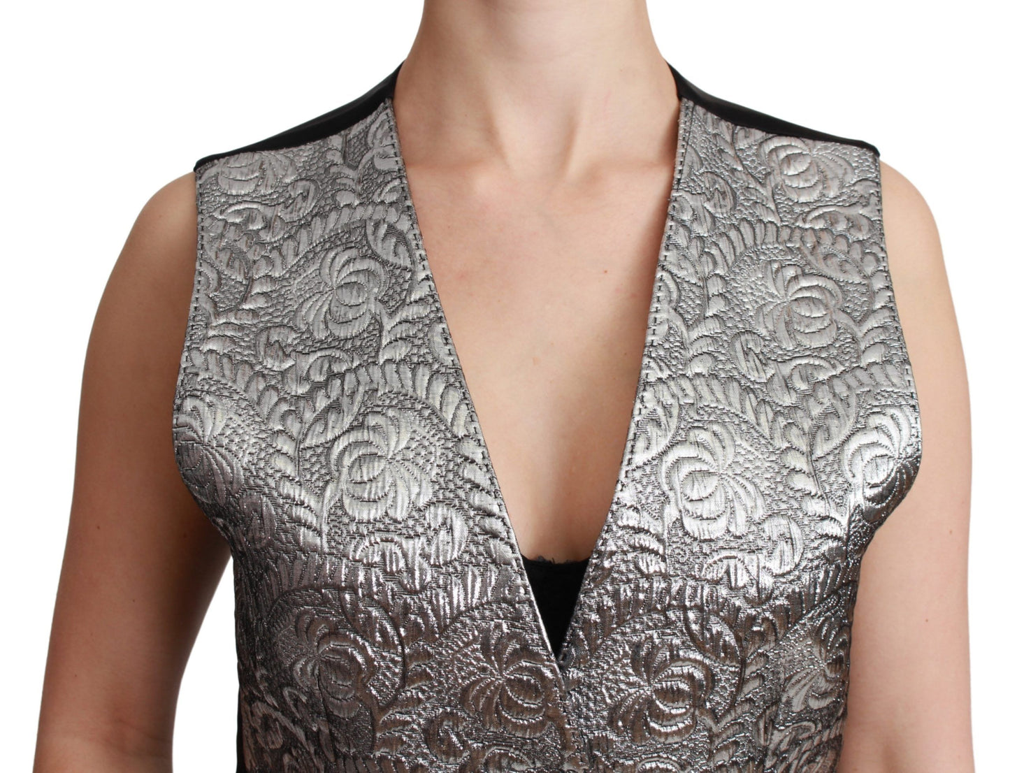 Ärmelloses Metallic-Top mit silbernem Brokat