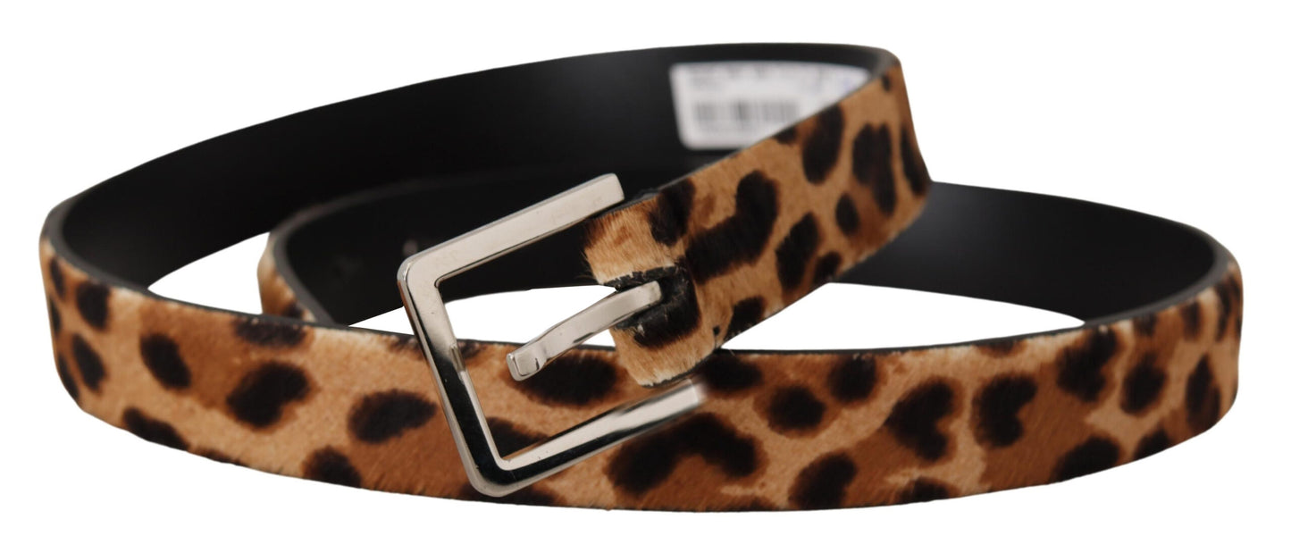 Brauner Kalbsfell-Leopardenprint-Skinny-Logo-Schnallengürtel