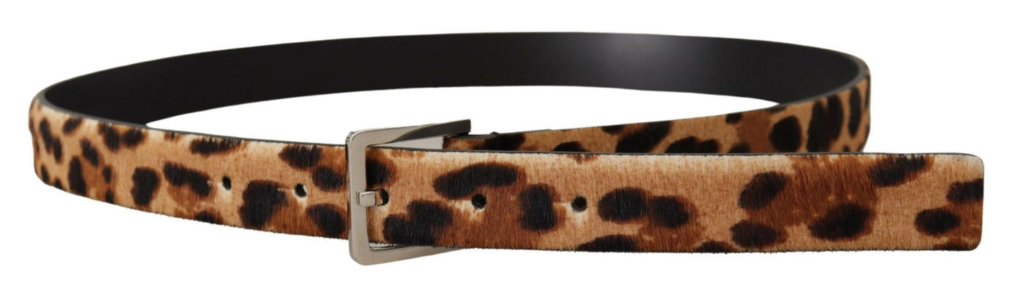 Brauner Kalbsfell-Leopardenprint-Skinny-Logo-Schnallengürtel